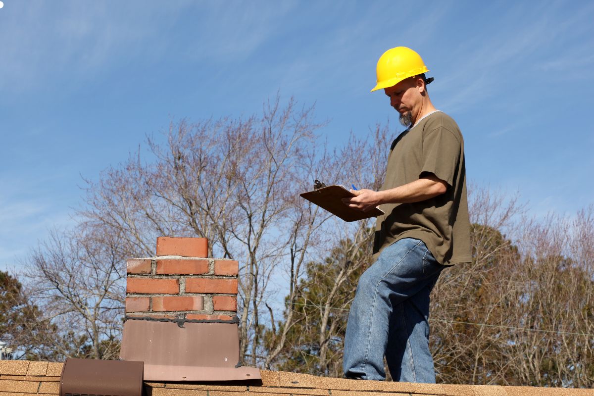 A roofing expert in safety gear stands on a brick wall, performing a thorough inspection of the roof for safety standards.