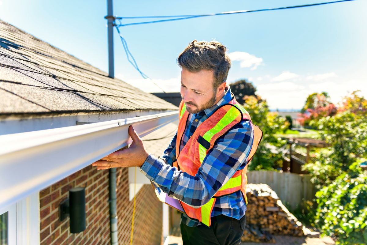 A roofing professional in a safety vest inspects a house gutter, ensuring safety and quality during the roof inspection.